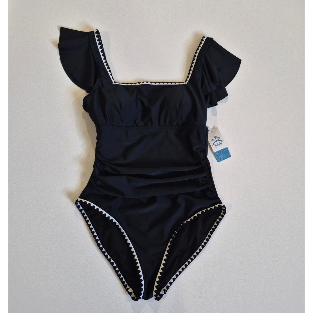 Sunshine  One Piece Tummy Control Swimsuit Black Rickrack Ruffle Sleeve Ruching